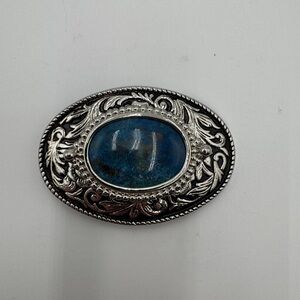 Vintage Western Silver Tone Belt Buckle Blue Stone Center Oval Engraved Made USA